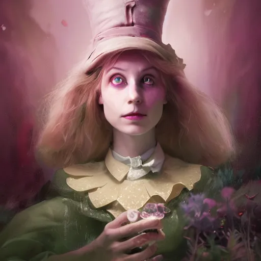 Image similar to A portrait of Alice in Wonderland, huggy wuggy from poppy playtime video game, fullbody, ultra high detailed, glowing lights, oil painting, Greg Rutkowski, Charlie Bowater, Beeple, unreal 5, DAZ, hyperrealistic, octane render, RPG portrait, dynamic lighting, fantasy art, beautiful face