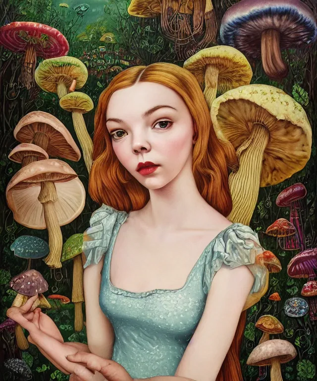 Prompt: portrait of Anya Taylor-Joy in wonderland, giant mushrooms, lowbrow painting by Mark Ryden