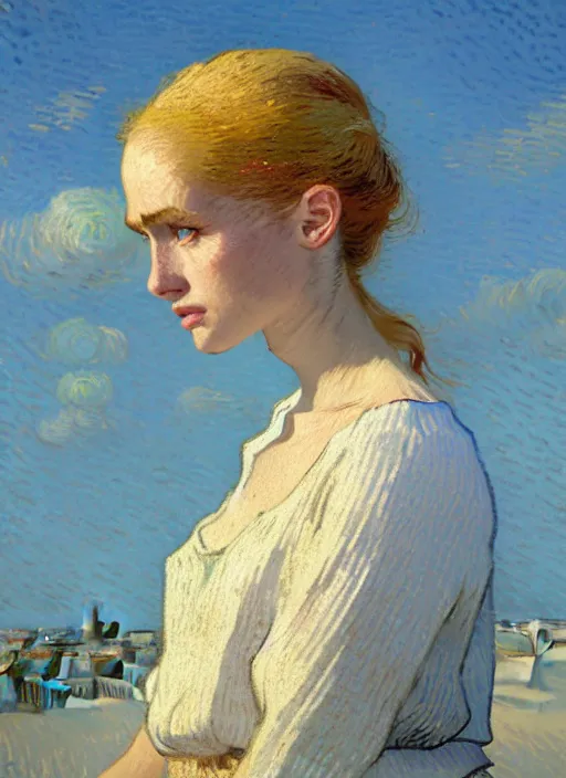 Image similar to portrait of a beautiful girl, sea dunes backdrop, sad, pastel shades of light blue and light yellow, beautiful face, rule of thirds, intricate outfit, spotlight, by greg rutkowski, by van gogh, by rineke dijkstra, digital painting