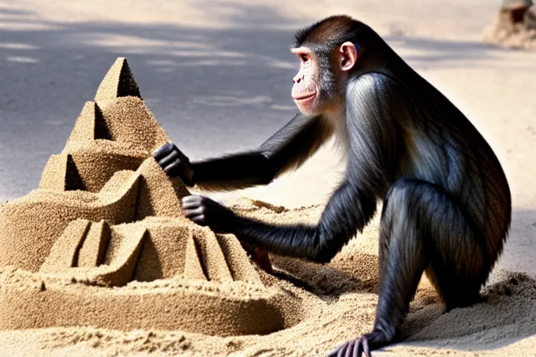 Image similar to a primate touching a completed sand castle