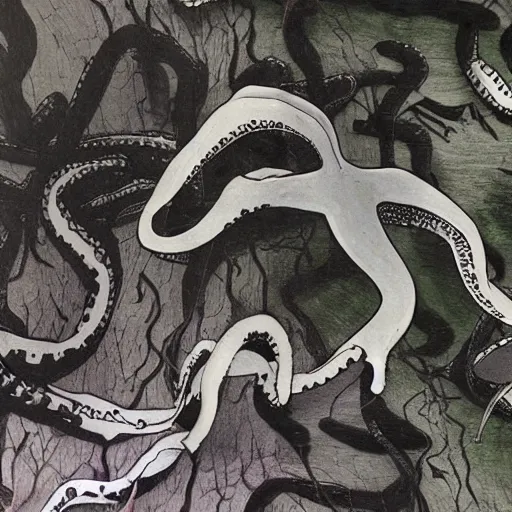 Image similar to tape damage land octopus hidden in darkness, dead trees, noire