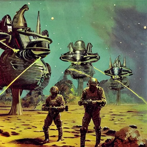 Image similar to armored squad in the acid swamps of venus, vintage, 1 9 5 0 s sci - fi art, by ed emschwiller