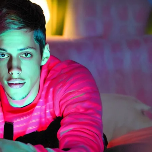 Image similar to pete davidson watching movies in the dark wearing neon clothes