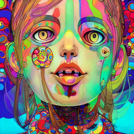 Image similar to a psychedelic portait of a girl by takashi murakami,, beeple and james jean, aya takano color style, 4 k, super detailed, night sky, digital art, digital painting, celestial, majestic, colorful