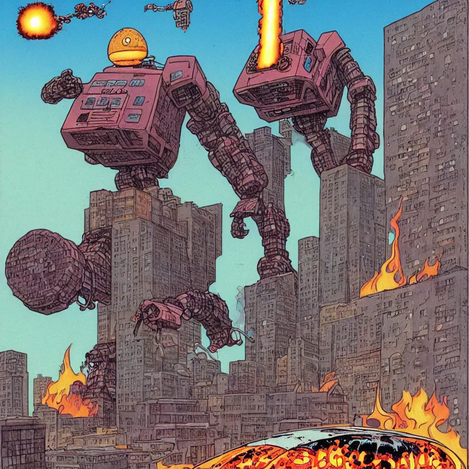 Prompt: Giant robot desires to eat a massive glazed donut , on top of one of the buildings is another giant donut and a building is on fire smoking and a crushed car is under the foot of the giant robot by Richard Corben
