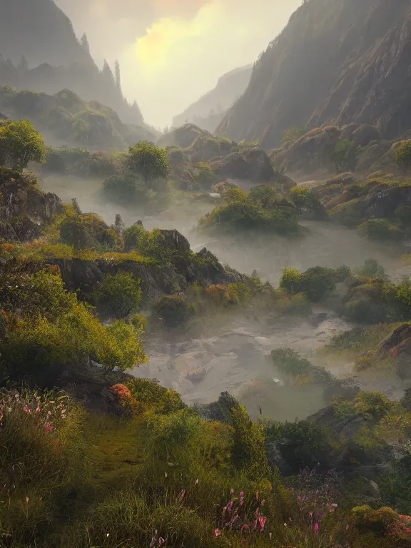 Image similar to photo of 8k ultra realistic beautiful valley, small town, hills, pylons, heavy rain, full of colour, cinematic lighting, battered, trending on artstation, 4k, hyperrealistic, focused, extreme details,unreal engine 5, cinematic, masterpiece, art by studio ghibli