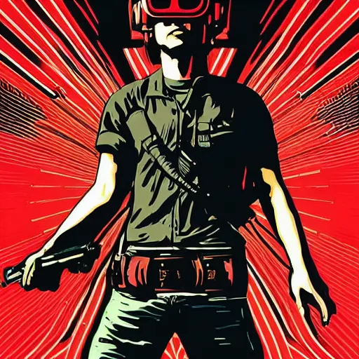 Image similar to Illustrated by Shepard Fairey and H.R. Geiger | Cyberpunk Rambo with VR helmet, surrounded by cables