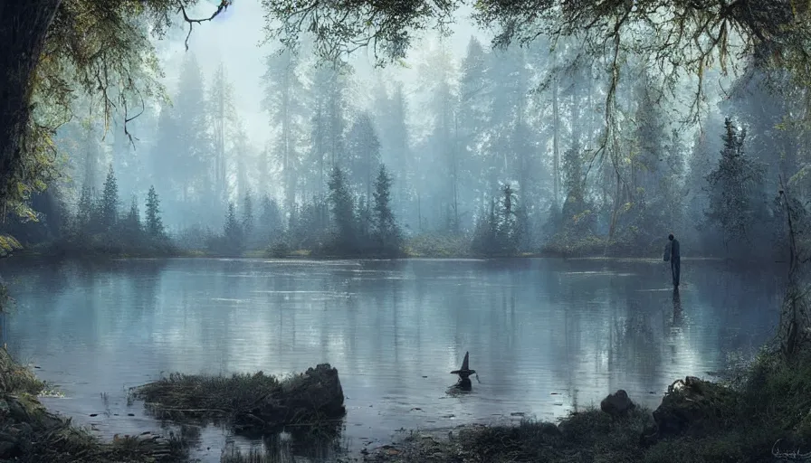 Prompt: portrait of a lake surrounded by forest, highly detailed, sunny, blue sky, cinematic lighting, highly angle, godrays, volumetric, photorealistic, digital art painting by greg rutkowski