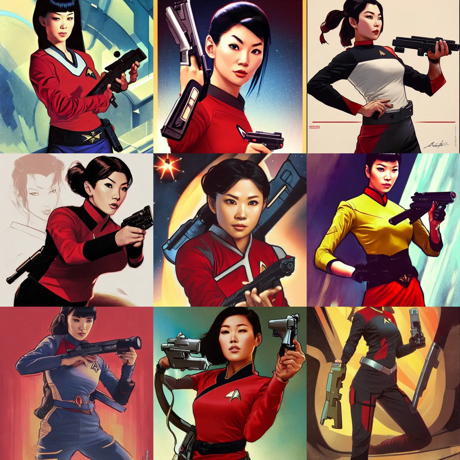 Prompt: An female asian star trek red shirt holding phaser gun by Artgerm and greg rutkowski and alphonse mucha