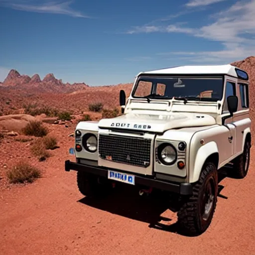 Prompt: a vintage land rover defender drives along a 2 lane road in the valley of fire