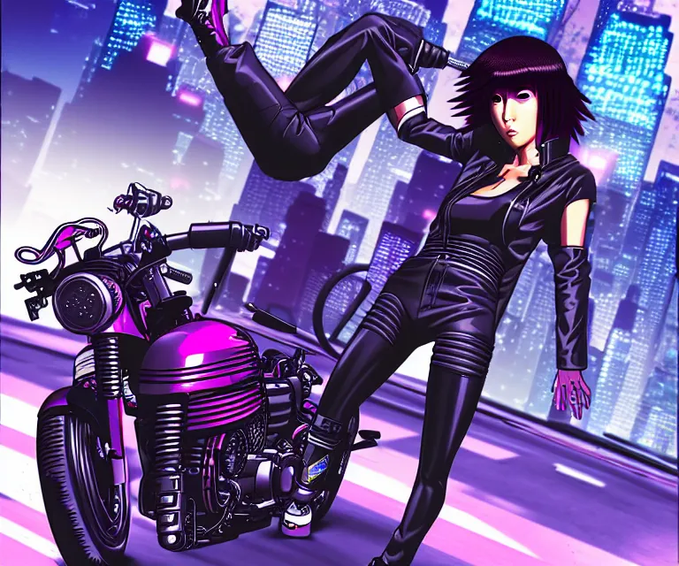 Prompt: motoko kusanagi riding a cyberpunk vehicle in a grungy cyberpunk megacity, bosozoku gang war, cyberpunk vaporwave, by phil jimenez, artgerm, sola digital arts, anti aliasing, raytracing