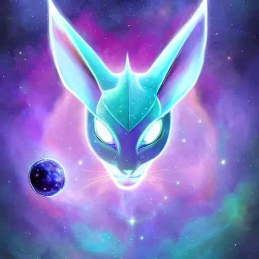 Prompt: geometric symmetrical espeon with galaxy eyes in space, nebula in the background, intricate, elegant, highly detailed, digital painting, artstation, concept art, smooth, sharp focus, illustration, art by artgerm