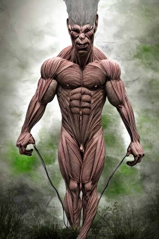 Image similar to muscular creature, veins, troll, fishlike, gills, dragonlike, grown together, overgrown, electronic wires, god rays, dark, skin, plastic wrap,