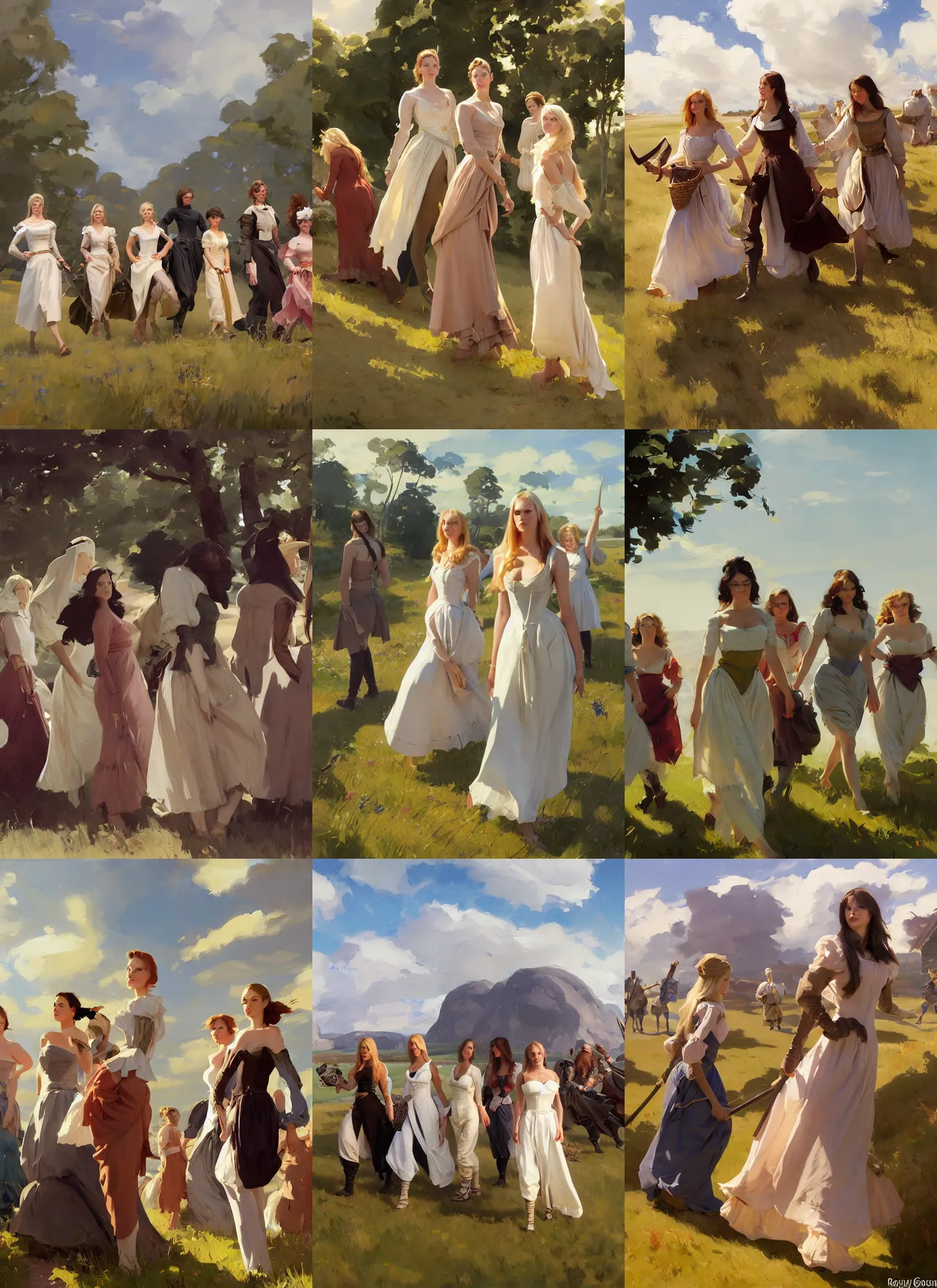 Prompt: group of finnish norwegian swedish scandinavian attractive beautiful glamour models wearing 1 7 th century bodice with low neckline walking in the field in a sunny day, jodhpurs greg manchess painting by sargent and leyendecker, studio ghibli fantasy medium shot asymmetrical intricate elegant matte painting illustration hearthstone, by greg rutkowski by greg tocchini by james gilleard