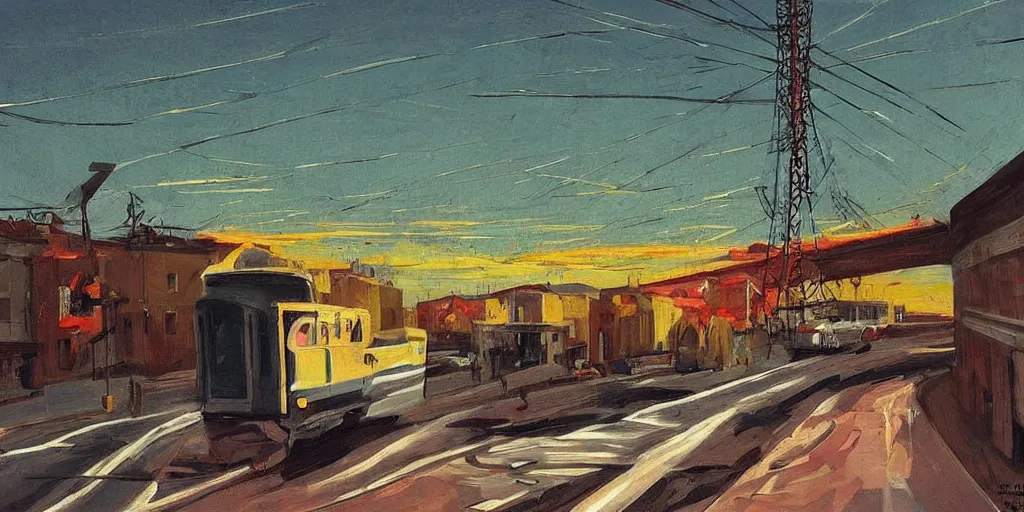 Image similar to street art. paralyzed by the indescribable beauty of the cosmos. amazing view of the electric trail from lisbon. art style by edward hopper daring, incredible