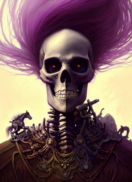 Prompt: portrait of skeleton necromancer and his horse horse, purple palette, cave landscape, fantasy magic, dark light night, intricate, elegant, sharp focus, illustration, highly detailed, digital painting, concept art, matte, art by wlop and artgerm and greg rutkowski and alphonse mucha, masterpiece