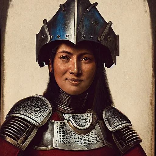 Prompt: head and shoulders portrait of a female knight, quechua, lorica segmentata, cuirass, helmetless, tonalist, symbolist, realistic, ambrotype, baroque, detailed, modeled lighting, vignetting, indigo and venetian red, angular, smiling, raven