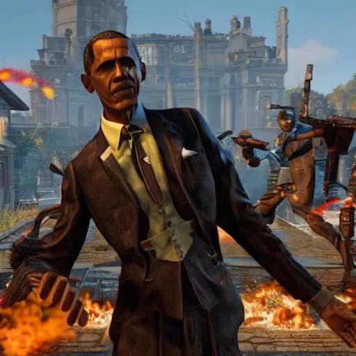 Image similar to Obama as Edward Richtofen in the der eisendrache Easter egg cutscene, black ops 3 zombies