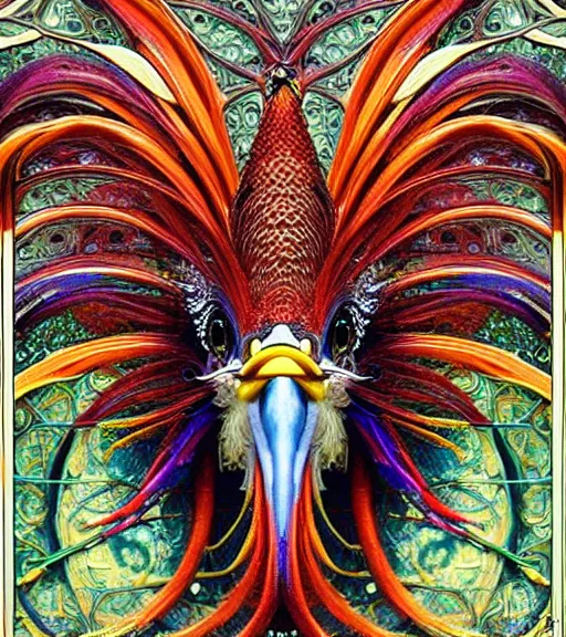 Prompt: hyperrealistic detailed face portrait of a beautiful rooster morphing into a gothic cathedral, authentic ornamental architecture, intricate and highly detailed, awe inspiring art by ernst haeckel, h. r. giger, alphonso mucha, android jones, james jean, gothic, neo - gothic, heavily ornamental, nice deep colours,