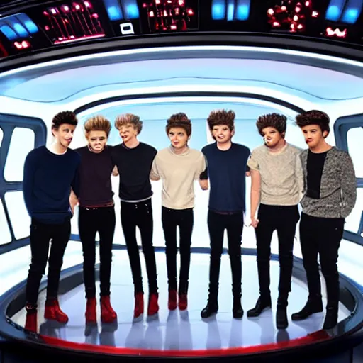 Image similar to the cast of one direction manning the slight deck of the starship enterprise, sixities television