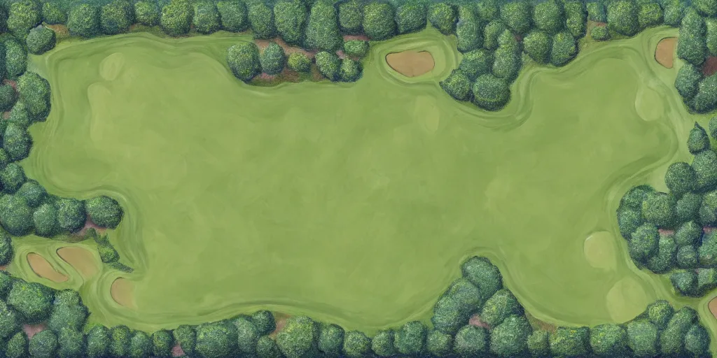 Image similar to top down oil painting of a 18 hole golf course layout, there is water all around, many bushes and trees, minimalistic, flat, high res