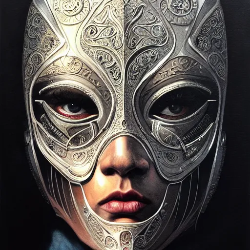 Prompt: Very very very very highly detailed epic photo of face with venetian mask, intricate, dystopian, sci-fi, extremely detailed, digital painting, artstation, concept art, smooth, sharp focus, illustration, intimidating lighting, incredible art by Vincent di Fate