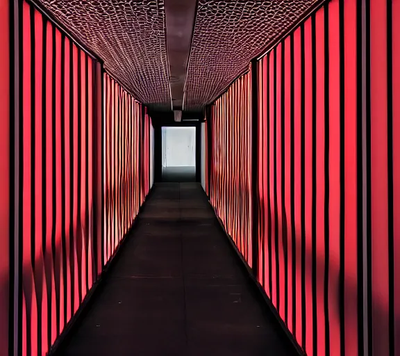 Image similar to spooky photo of an infinite hallway with open lit doorways all the way down, dramatic lighting, smoke, ceiling fluorescent lighting, black and red colour palette