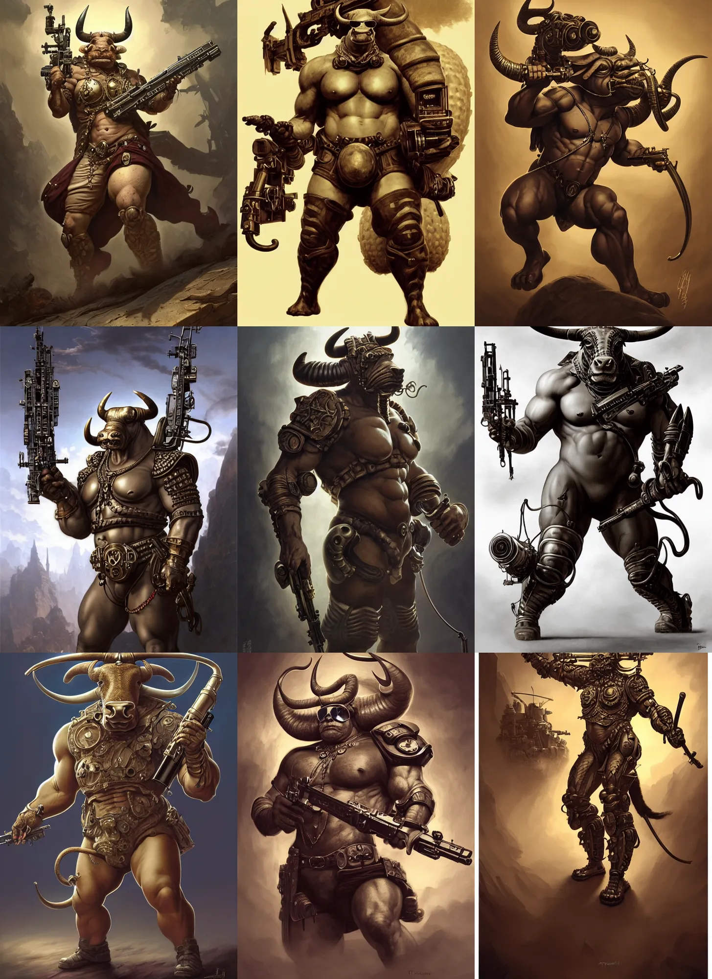 Prompt: an anthropomorphic bull wearing sunglasses holding a very massive machine gun, diffuse lighting, fantasy, intricate, elegant, highly detailed, lifelike, photorealistic, digital painting, artstation, illustration, concept art, smooth, sharp focus, art by frank frazetta and marco bucci and loish and rossdraws and artgerm and alphonse mucha