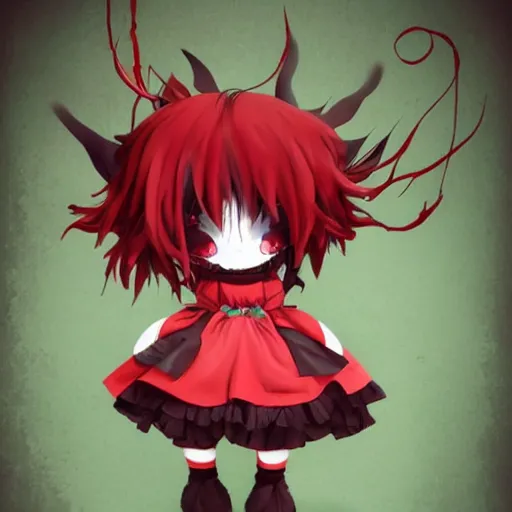 Image similar to cute fumo plush of a void imp who crawled out a hole in reality, anime girl, black and red, green ribbon and heart, ruffled and tattered dress, symmetry, gothic, melting crayons, glow, vray