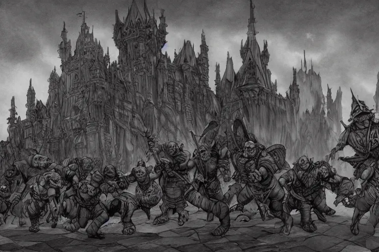 Prompt: group of orcs storming a castle, in the style of Greg Broadmore and Arthur Rackham and Moebius, trending on artstation, light lighting side view,digital art,surrealism ,macro,blueprint ,vaporwave ,