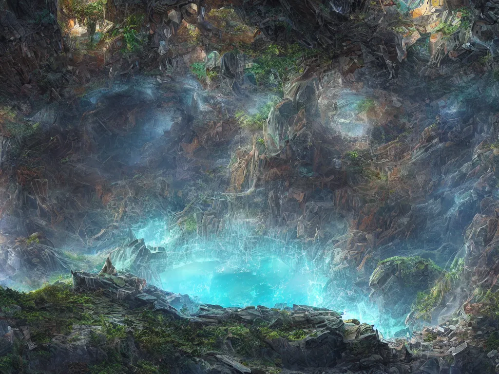 Image similar to a giant sinkhole with transparent pixels at the center, digital painting, trending on artstation, deviantart, 8k, epic composition, intrinsic details, perfect coherence