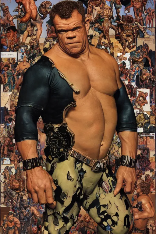 Prompt: upper body and head portrait of huge hulking jocko willink as marvel character wearing pants and shirt and boots and gold jewellery by alex ross and lawrence alma tadema and zdzislaw beksinski and norman rockwell and jack kirby and tom lovell and greg staples