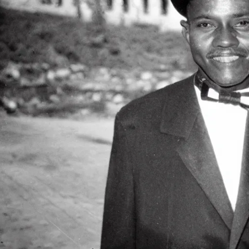 Image similar to vintage photo of a black man wearing a black suit in front of rio de janeiro