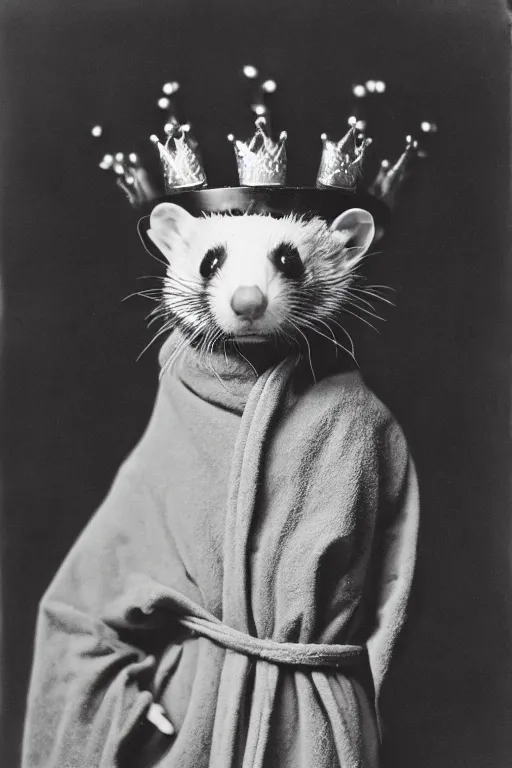 Image similar to a wet plate photo of a ferret king, wearing a crown, wearing a robe