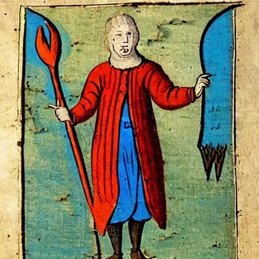 Image similar to a 1 8 th century illustration manuscript illustration of a medieval peasant holding a large blue trident above his head.