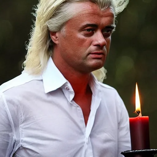 Prompt: geert wilders shirtless with very long hair by candle light at night in the rain - n 4