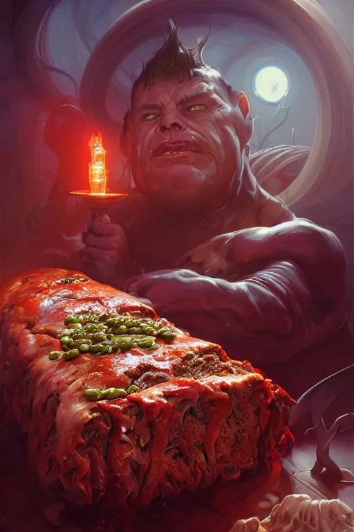 Image similar to meatloaf inside a meat loaf, hyper detailed, digital art, artstation, cinematic lighting, studio quality, smooth render, by peter mohrbacher, hajime sorayama, wayne barlowe, boris vallejo, aaron horkey, gaston bussiere, craig mullins, caravaggio