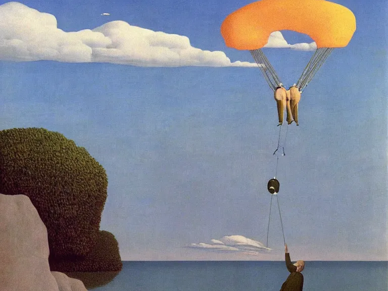 Image similar to man parachuting on a small island in the middle of a big lake painting by rene magritte, high detail, high resolution