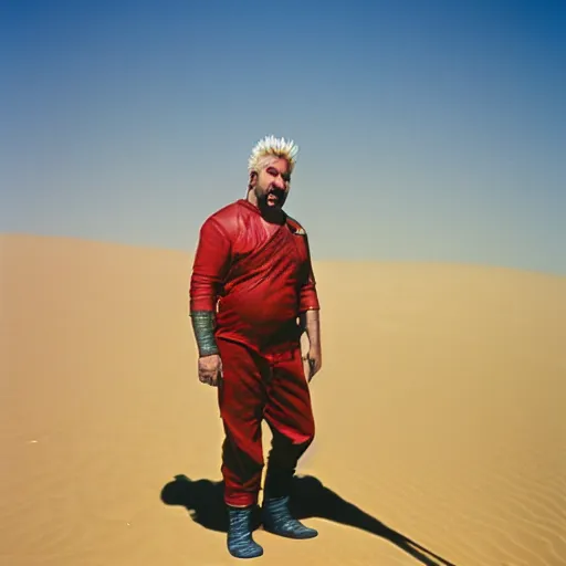 Prompt: Guy Fieri in Dune, Arrakis, photo still, cinematic, cinestill 400t film