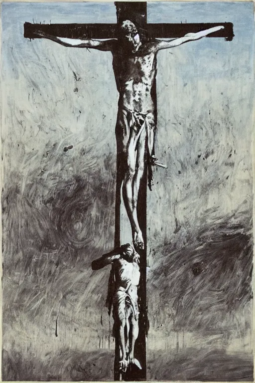 Prompt: bloody christ crucified and huge ufo in the sky painted by cy twombly and andy warhol