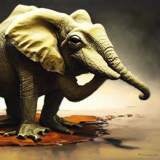 Image similar to frog - elephant creature, oil painting by craig mullins