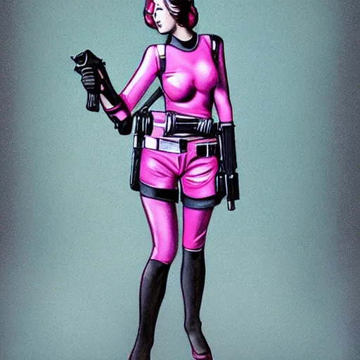 Image similar to A pink sci-fi woman with a gun.