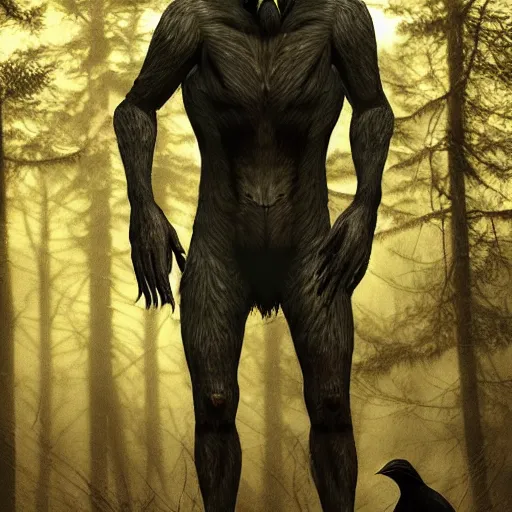 Image similar to werecreature consisting of a crow and a human, featured on artstation, photograph captured in a dark forest