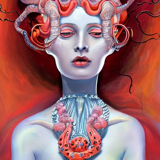 Image similar to beautiful painting of a white arthropod goddess with silver linings, coral mutations and melting jewelry in the style of Francis Bacon and Jesse Kanda. Digital art, detailed, trending on Artstation