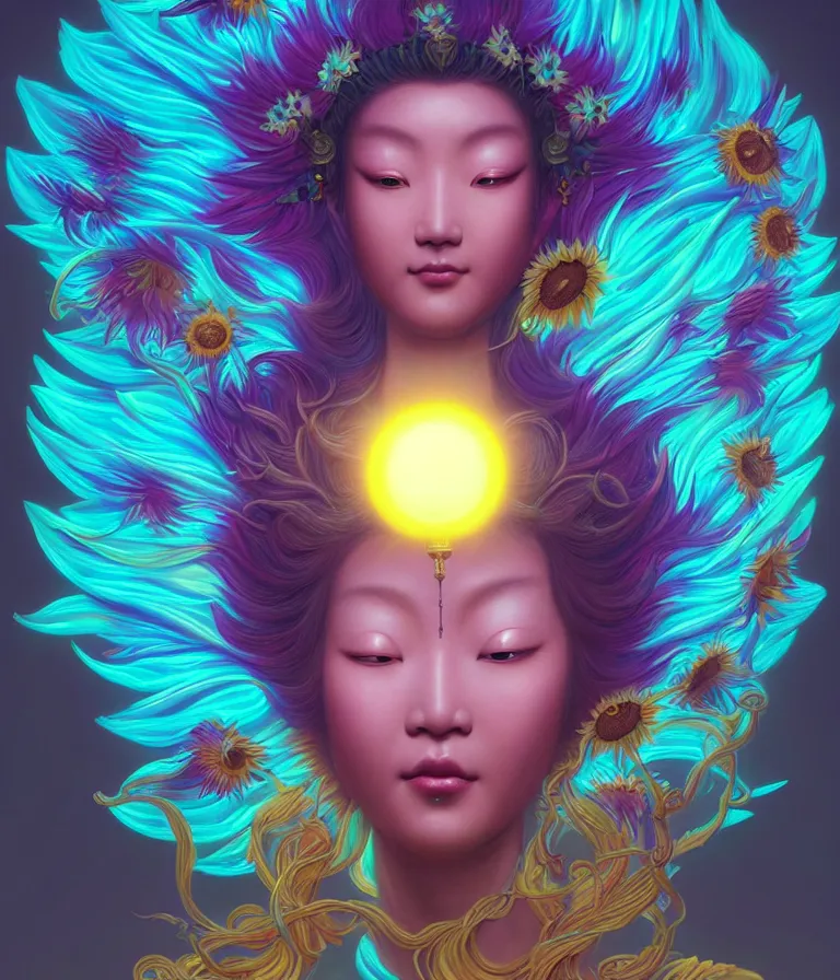 Image similar to iridescent portrait of the sunflower goddess, a Chinese deity that is guided by the sun and brings happiness and light onto the world. hard surface modelling. bio luminescent, halo around the head. neon lighting. artwork by jarold Sng by artgerm, by Eddie Mendoza, by Peter Mohrbacher by Tooth Wu, unreal engine, octane render, cinematic light, high details, iridescent colours, dichroic, macro, 4l