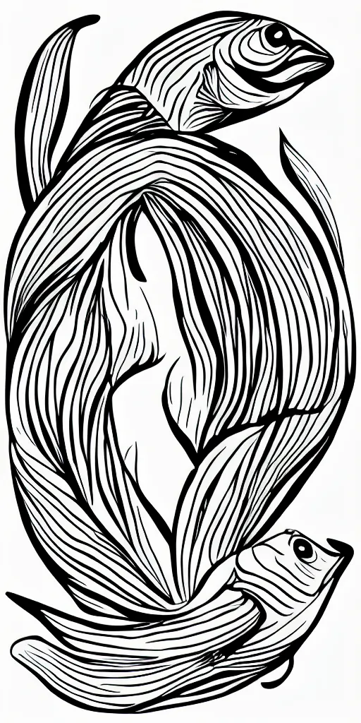 Prompt: illustration vector fine line art of a white fish on a full black background, very simple