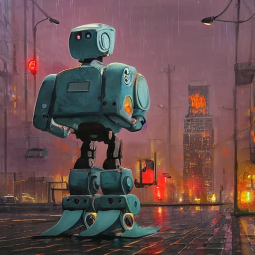 Image similar to a gritty, realistic painting of a broad-shouldered, heavy construction robot reaching down to pet a kitten, in a dark, wet cyberpunk city, by Simon Stålenhag and James Gurney