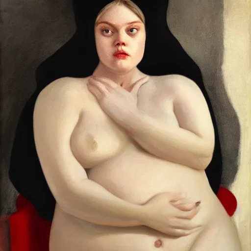 Image similar to obese and ugly Elle Fanning in a black robe holding a skull on the beach, head and shoulders portrait, stormy weather, extremely detailed masterpiece, Roger Deakin’s cinematography, oil on canvas, Edward Hopper,