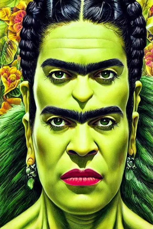 Image similar to ultra detailed incredible hulk portrait in the style of Frida Kahlo