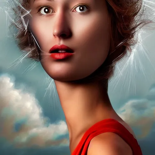 Prompt: a woman's head with clouds in the background, an airbrush painting by igor morski, behance contest winner, fantasy art, daz 3 d, behance hd, airbrush art